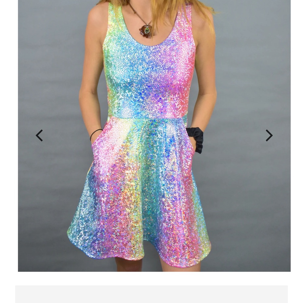 Rainbow Holo A-Line Mini Dress with Pockets NWT